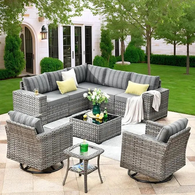 9 Pieces Patio Furniture Set, Outdoor Sectional Sofa with Swivel Rocking Chairs, Wide Arms and Deep Seat, Wicker Rattan Set