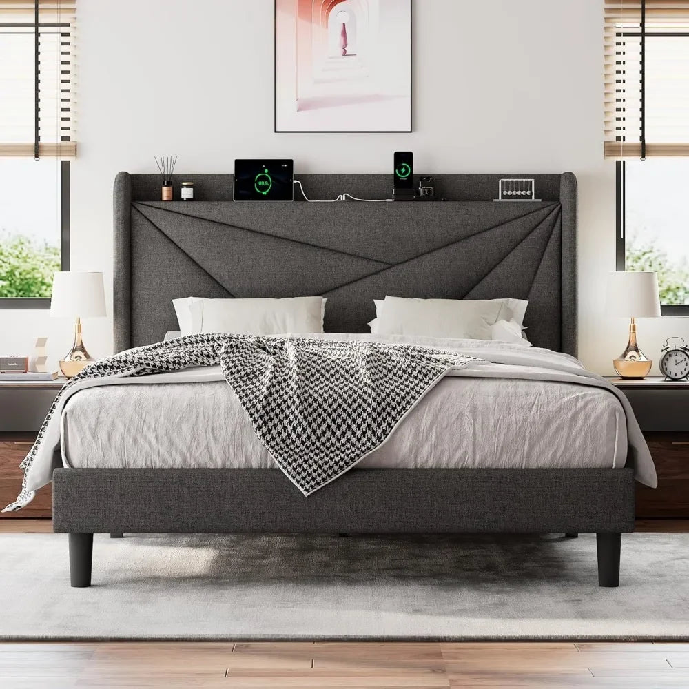 Full Size Upholstered Bed Frame with Charging Station, Platform Bed Frame with Storage Headboard, Solid Wood Slats Support