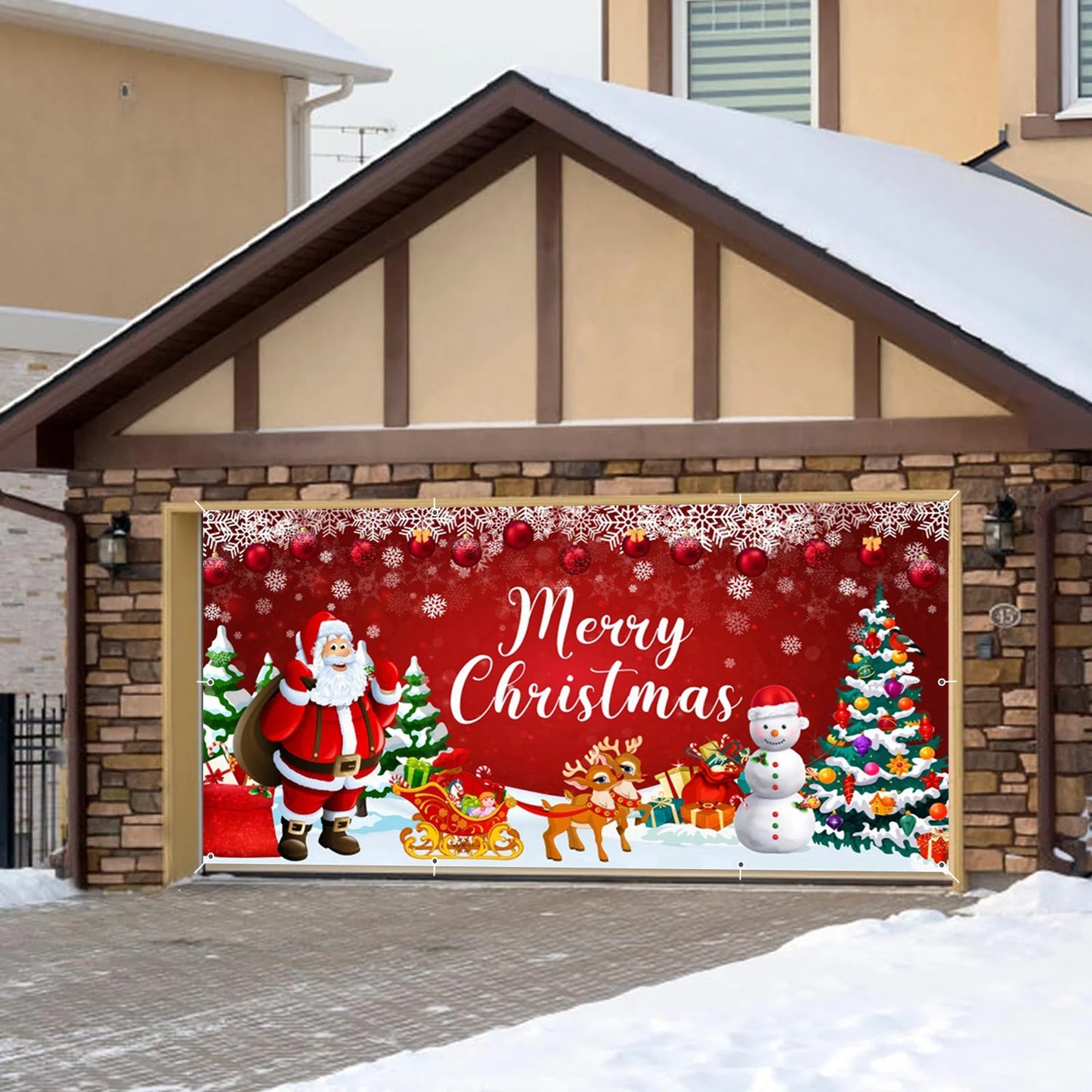 Merry Christmas Garage Wall Background Banner Santa Claus Xmas Tree Red Glitter Snowflake Bells Garage Door Frame With Hooks