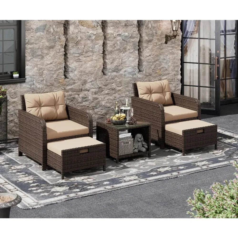 Garden Furniture Set 5 Piece, Wicker Rattan Lounge Chairs with Soft Cushions 2 Ottoman&Glass Table, Patio Conversation Set