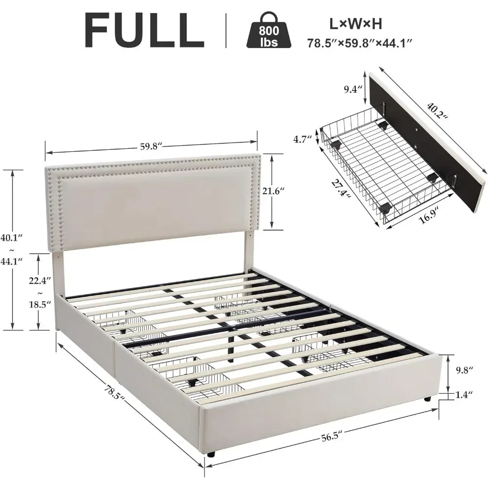 Bedroom bed full size padded platform bed frame with 4 storage drawers, adjustable velvet rivet headboard, bedroom bed