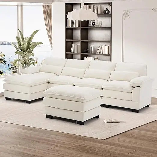 U Shape Sectional Sofa, Upholstery Comfy Modular Sofas, 4 Seat Chenille L-Shaped Sleeper Sofa,Living Room Cloud Couch