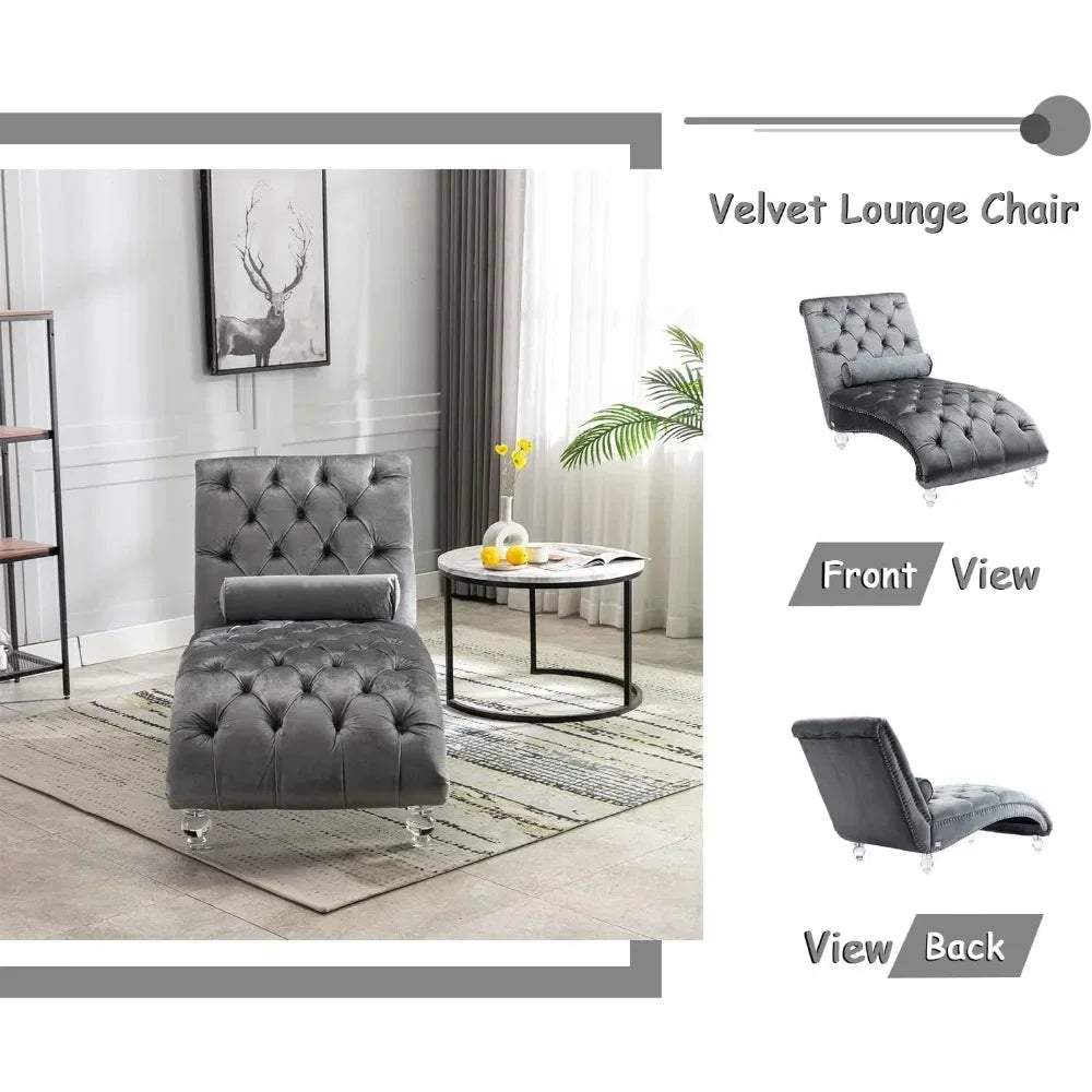 Velvet Chaise Lounge Chair with Toss Pillow, Tufted Button Lounge Chair with Acrylic Legs, Upholstered Indoor Sleeper Chair