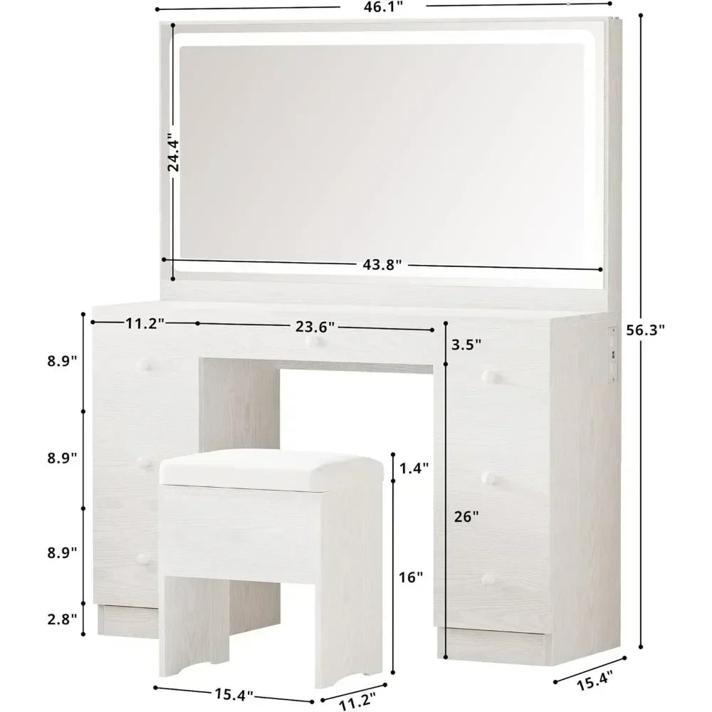 Vanity Desk Set with LED Lighted Mirror & Power Outlet, Makeup Vanities Dressing Table  for Bedroom with Stool 7 Drawers