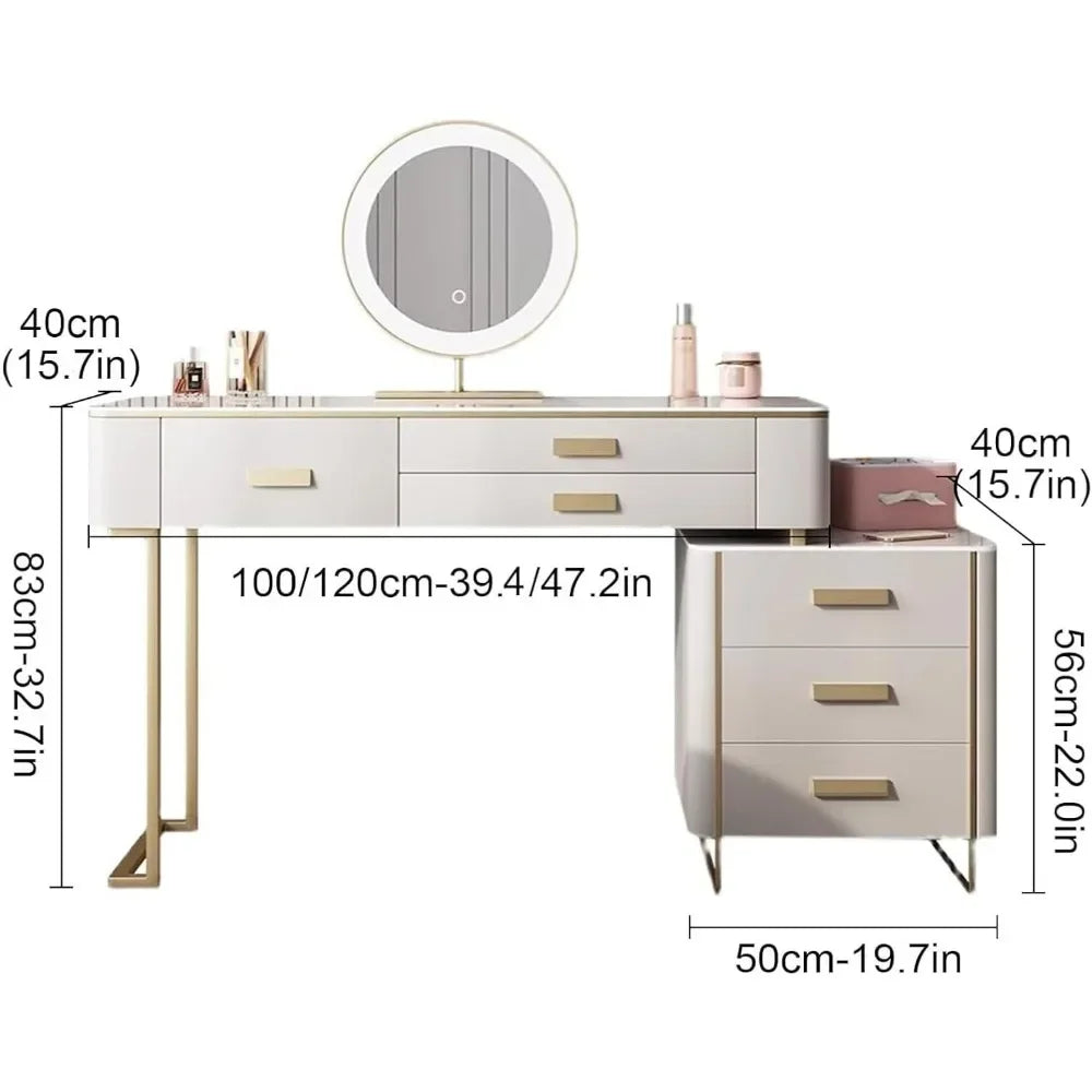 Vanity Desk with Side Cabinet and 6 Solid Wood Drawers, Tempered Glass Desktop Dressing Table, Vanity Desk