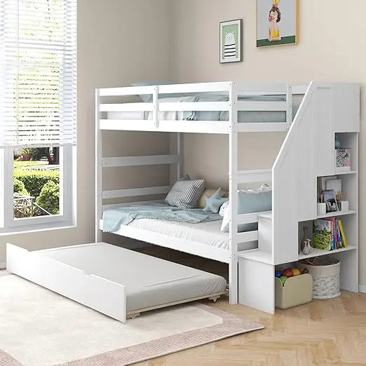 Bunk Bed, with Trundle and Stairs, with Storage Shelf, Bunks Beds Detachable Into 2 Platform Beds, Solid Wood Bunk Bed Frame