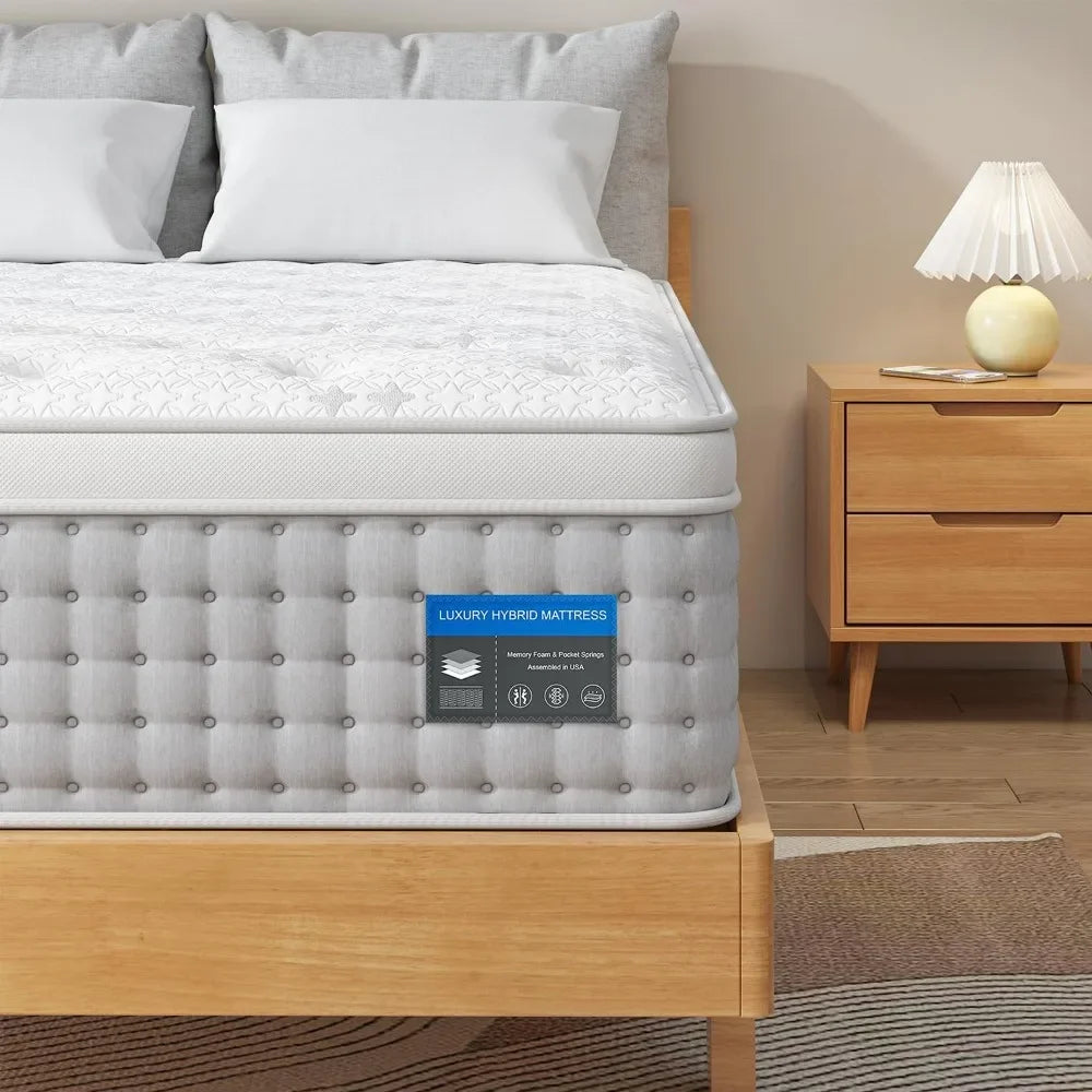 King Mattress with Gel Memory Foam, Pressure Relief Individual Wrapped Coils Mattresses, 14 Inch Luxury Hybrid Mattress