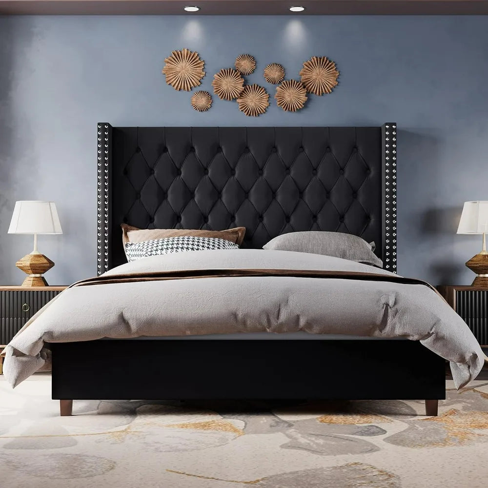 Velvet Upholstered Bed Frame Queen Size 61.4" Tall Headboard Queen Bed Frame/Deep Button Tufted/No Box Spring Needed/Black Beds