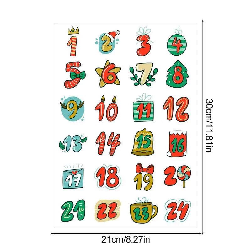 Christmas Countdown Decals 1-24 Numbers Decorative Greeting Card Decals Advent Calendar Sealing Stickers For Cookie Bag Labels