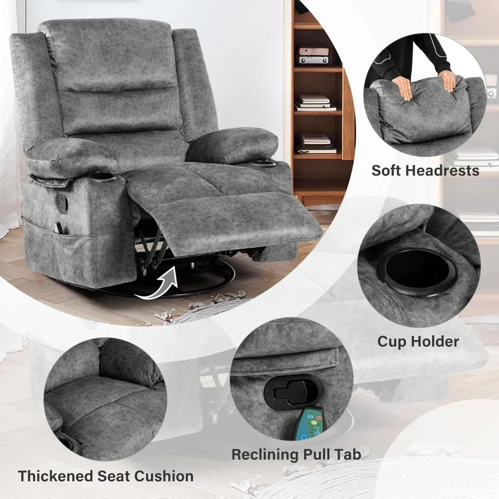 Rocker Recliner Chair for Adults with Massage and Heat, Overstuffed Glider for Nursery with Cup Holders,Grey,Living Room Chairs