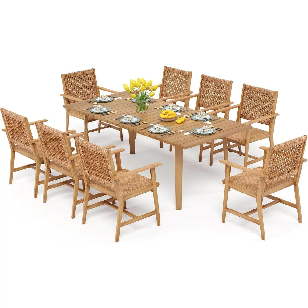 9 PCS Wood Outdoor Dining Set, Teak Rectangle Wooden Table & Dining Chairs with Wicker Seat and Back,Garden Furniture Sets