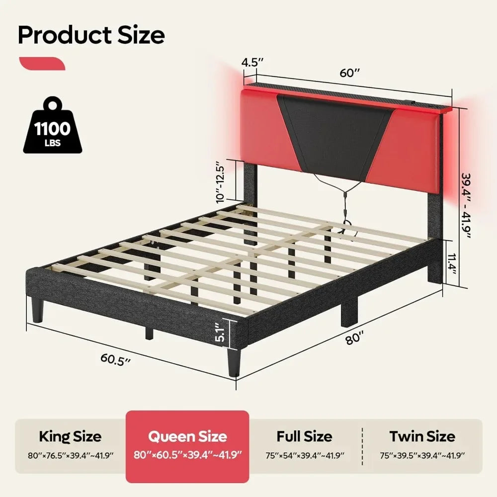 Bed Frame with Headboard,Faux Leather Upholstered Platform Bed with Storage Shelf,Gaming Style Bed Base,Never Squeaks(Black-Red)