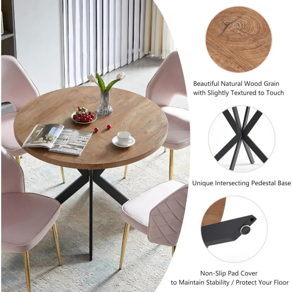 Round Table Set for 4, Engineering Wood Table with Thick Tabletop, Luxury Home Kitchen Dining Chair， Backrest Upholstered Velvet