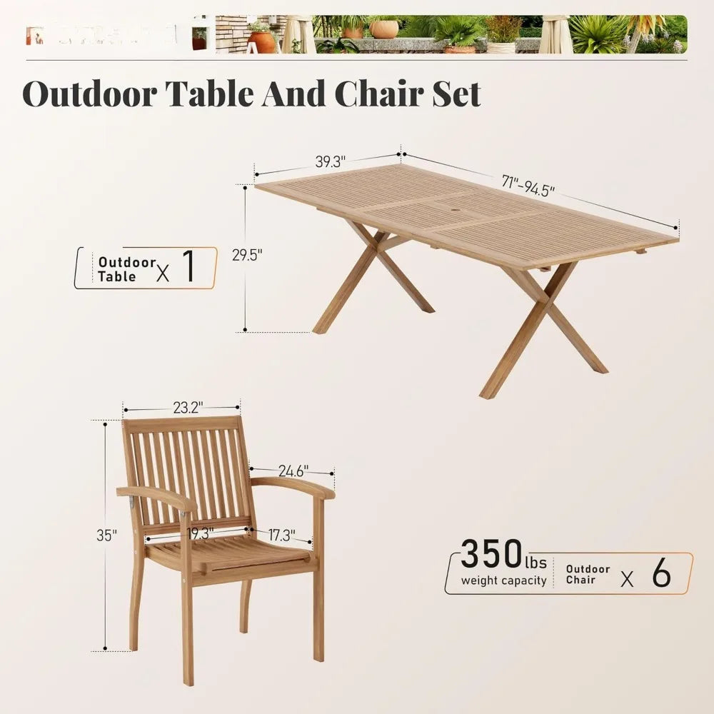 Acacia Wood Outdoor Dining Set, Expandable Dining Table(1.97" Umbrella Hole) and 6 Wooden Chairs, 7Pieces Patio Dining Table Set