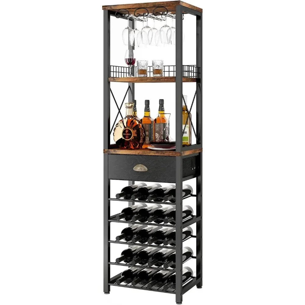 Wine Rack Freestanding Floor, Bar Cabinet for Liquor and Glasses, 4-Tier bar Cabinet with Tabletop, Glass Holder, Wine Storage