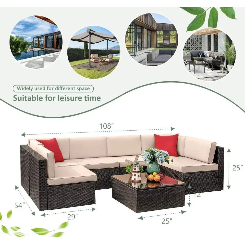 Outdoor Sofa and Patio Furniture Sets, Manual Weaving, Wicker Rattan, Patio Conversation Sets with Cushion and Glass Table 7 PCs