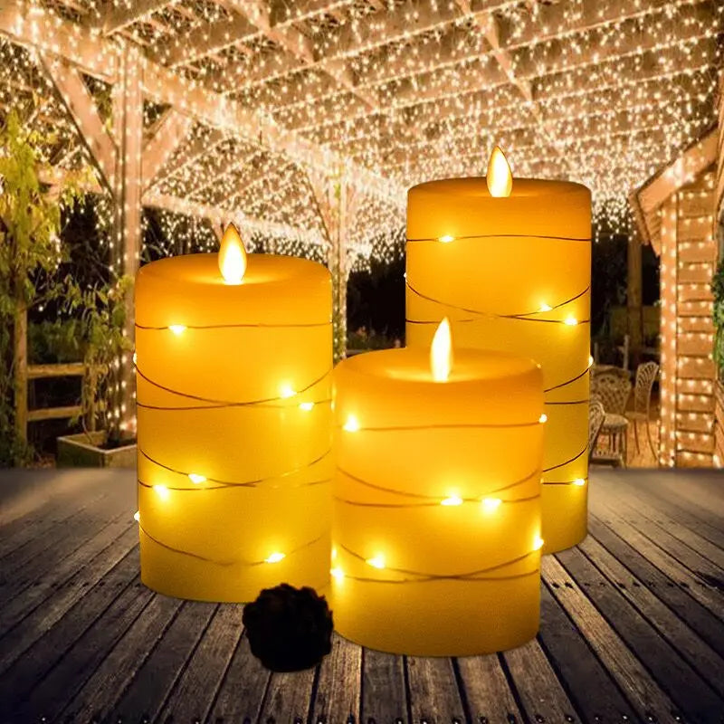 Pack of 3 Led Candle Embedded Fairy String Lights Electric Flickering candle Remote Controlled w/Timer Paraffin Dancing wick