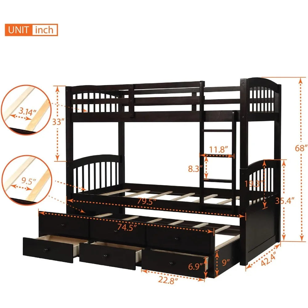 Twin Over Twin Bunk Bed with Safety Rail, Ladder, Twin Trundle Bed with 3 Drawers for Bedroom, Guest Room Furniture