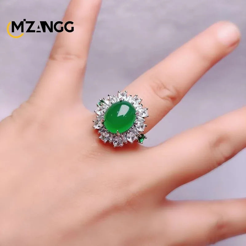 Natural Greenstone Ring 925 Silver Set Agate Egg Noodle Women's Adjustable Ring Exquisite Luxury Jewelry Holiday Gif