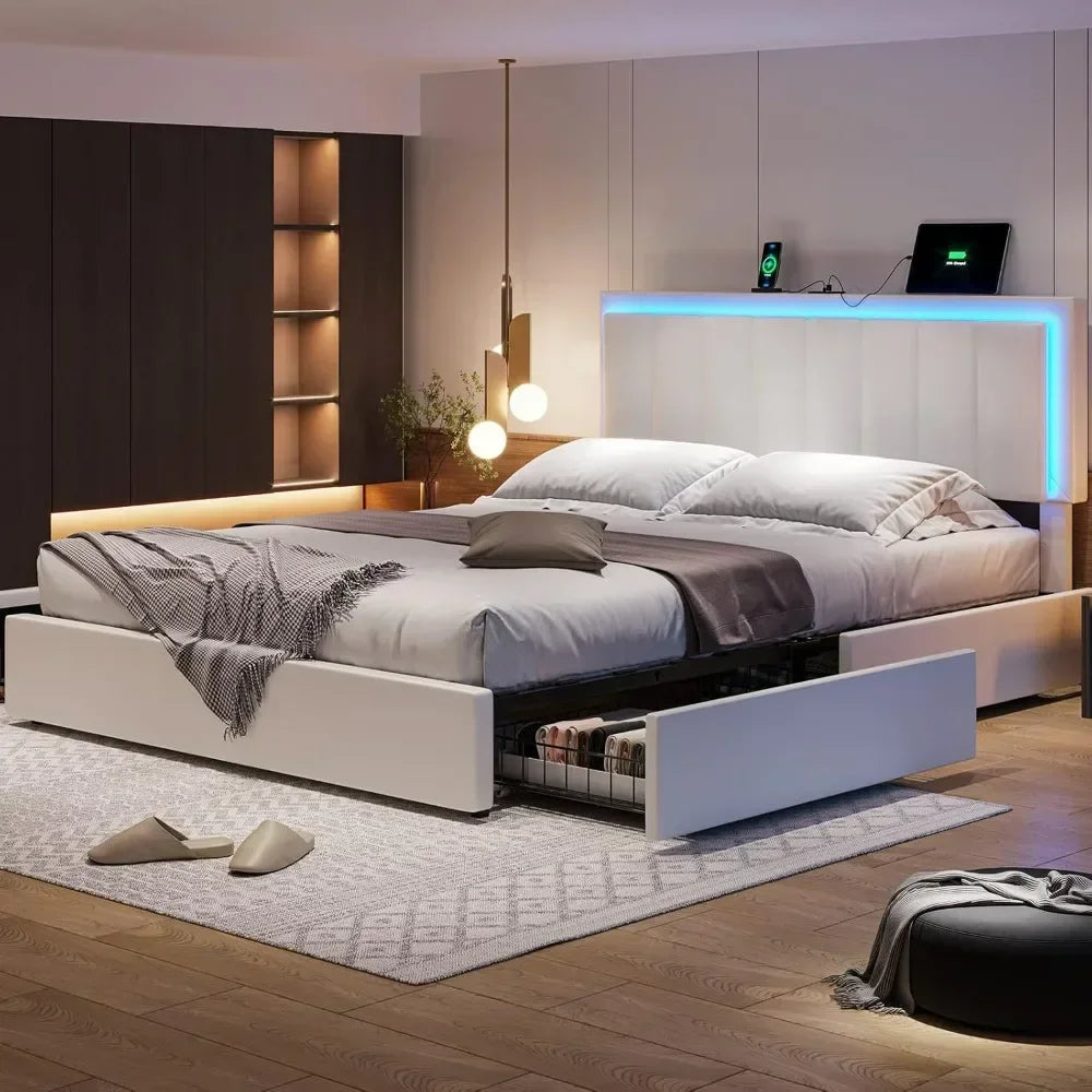 Queen Bed Frame with 4 Storage Drawers, LED Light with Charging Station, Artificial Leather Upholstered Bed, Bed Frame