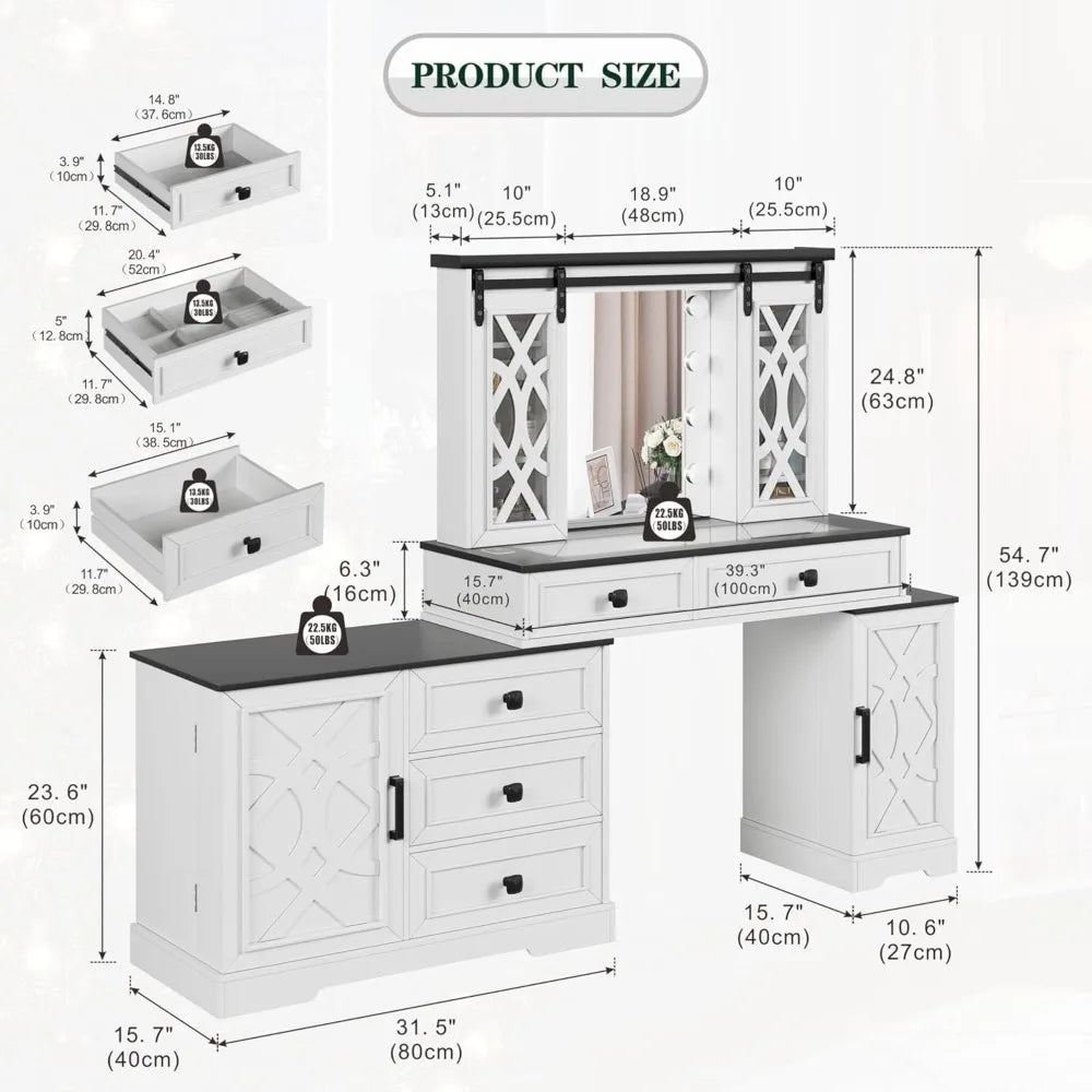 Vanity Desk with Mirror and Lights, Farmhouse Makeup Vanity with Jewelry Armoire Cabinet Storage, White Large Dresser Table