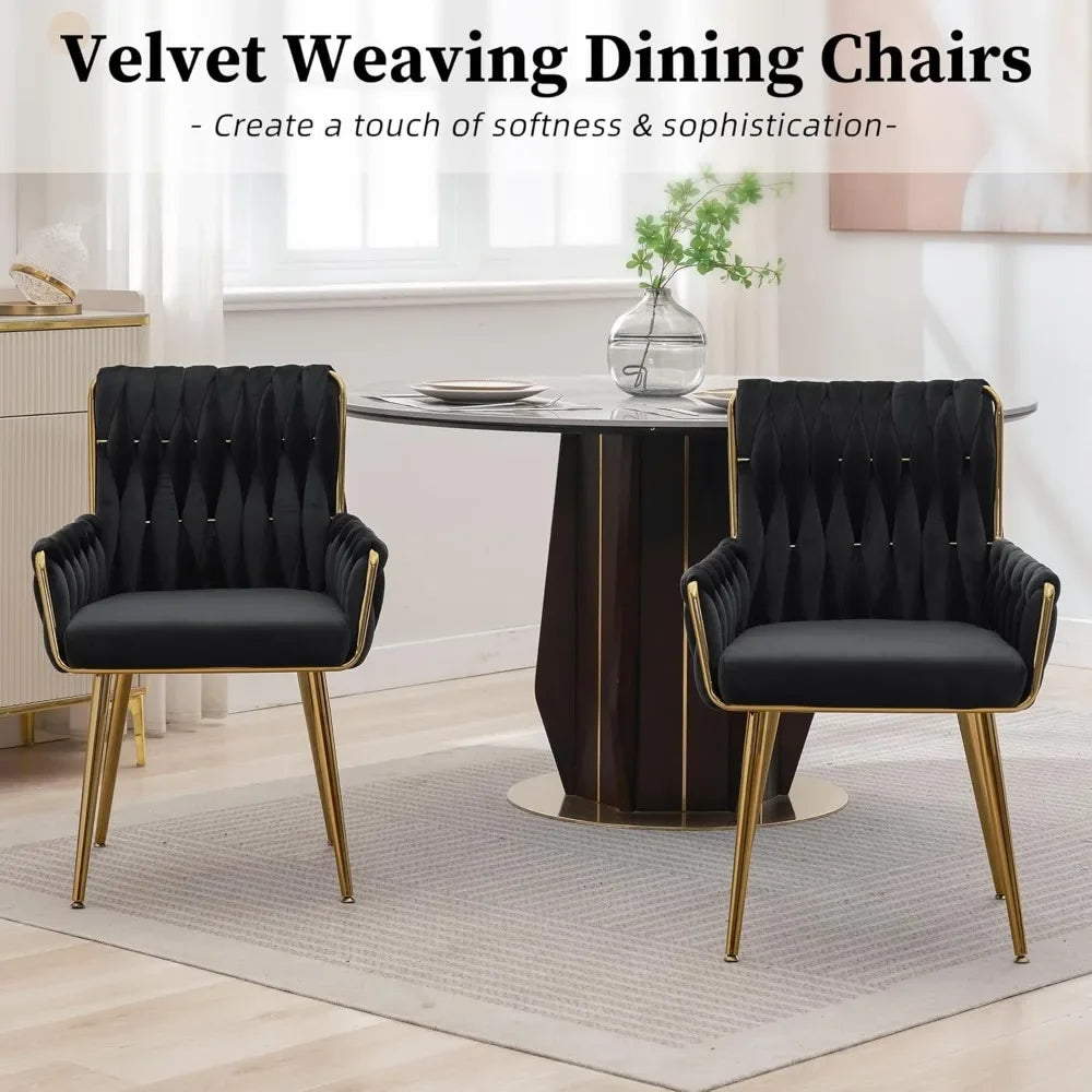 Velvet Dining Chairs Set of 4, Modern Hand Weaving Dining Room Chairs with Golden Metal Legs & Armrest, Dining Chairs