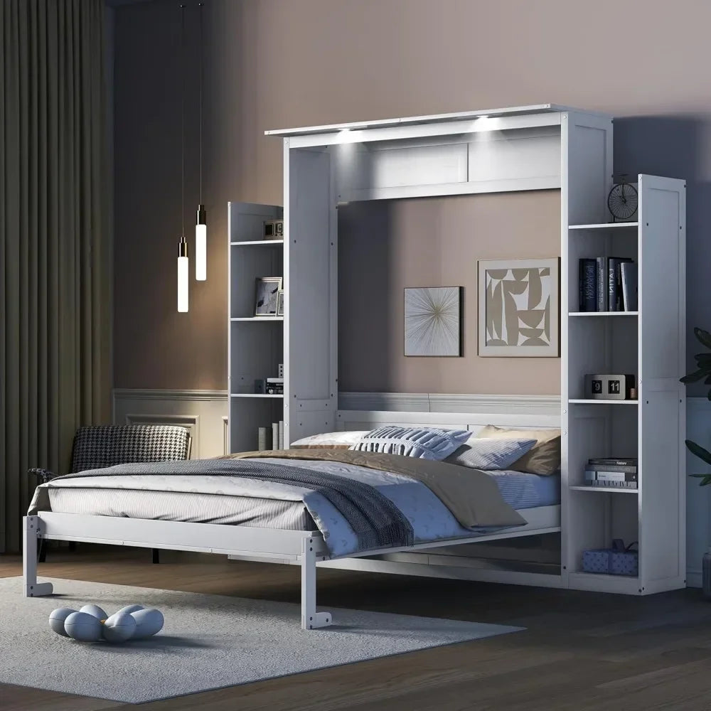 Queen Size Bed, Wooden Wall Bed with Shelves,bed, which easily folds into a cabinet,Gray  bed frame queen   cama