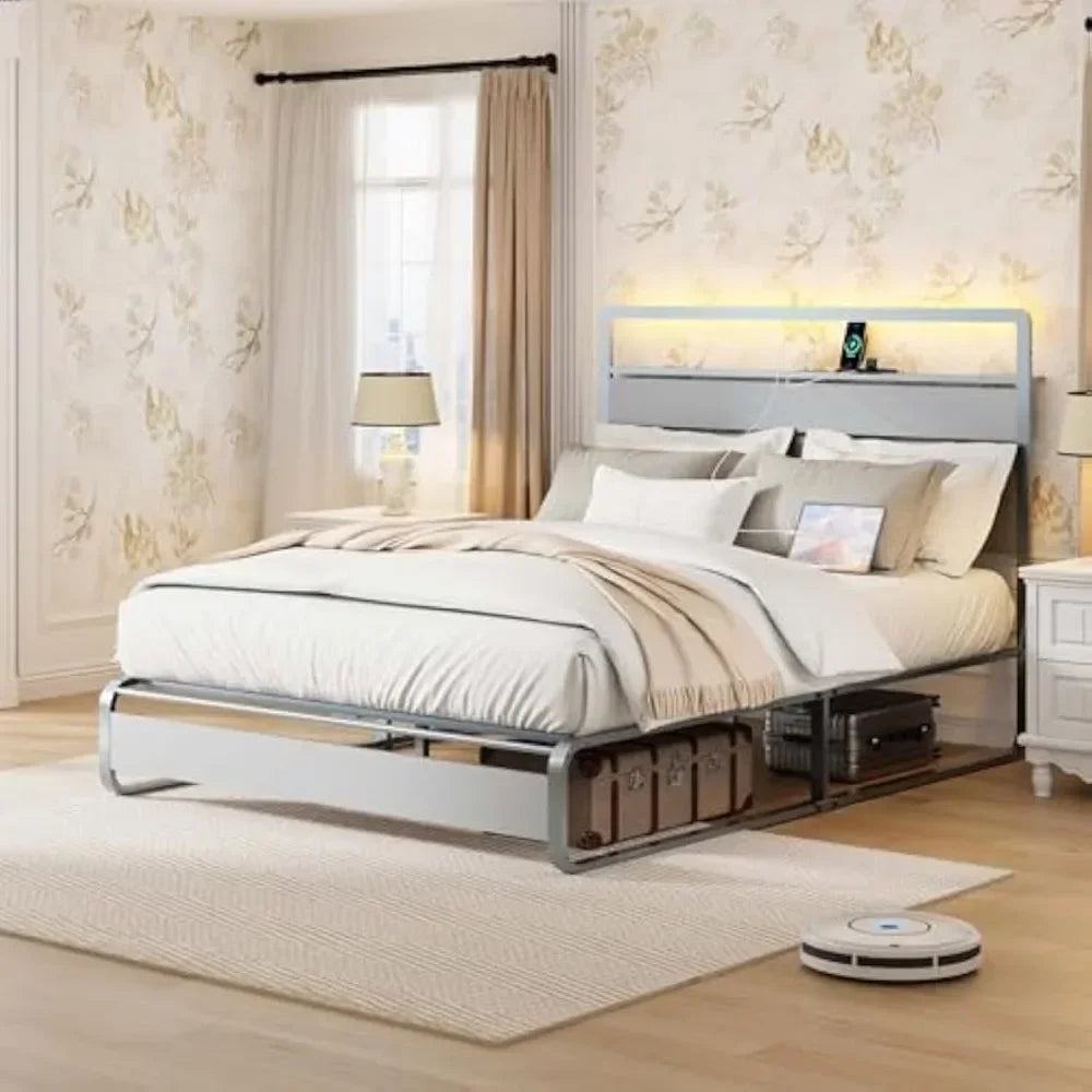 Metal Queen Bed Frame with Storage Headboard,Platform Bed Frame Queen Size with LED Lights and Charging Station, free shipping