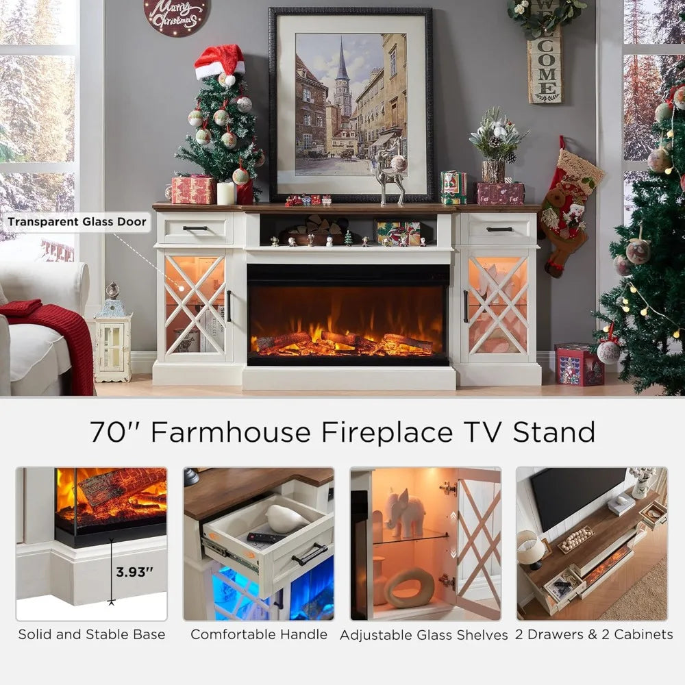 TV Stand, 70'' Entertainment Center Stand with 36" 3-Sided Glass Electric Fireplace, with 2 Drawers & 2 Storage Cabinet