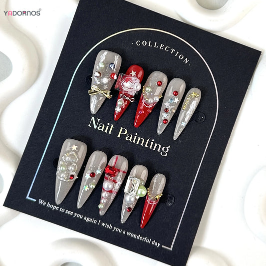 10Pcs Handmade False Nails Long Stiletto Christmas Press on Nails Red White Color Charms Star Bowknot Xmas Tree Designs Manicure