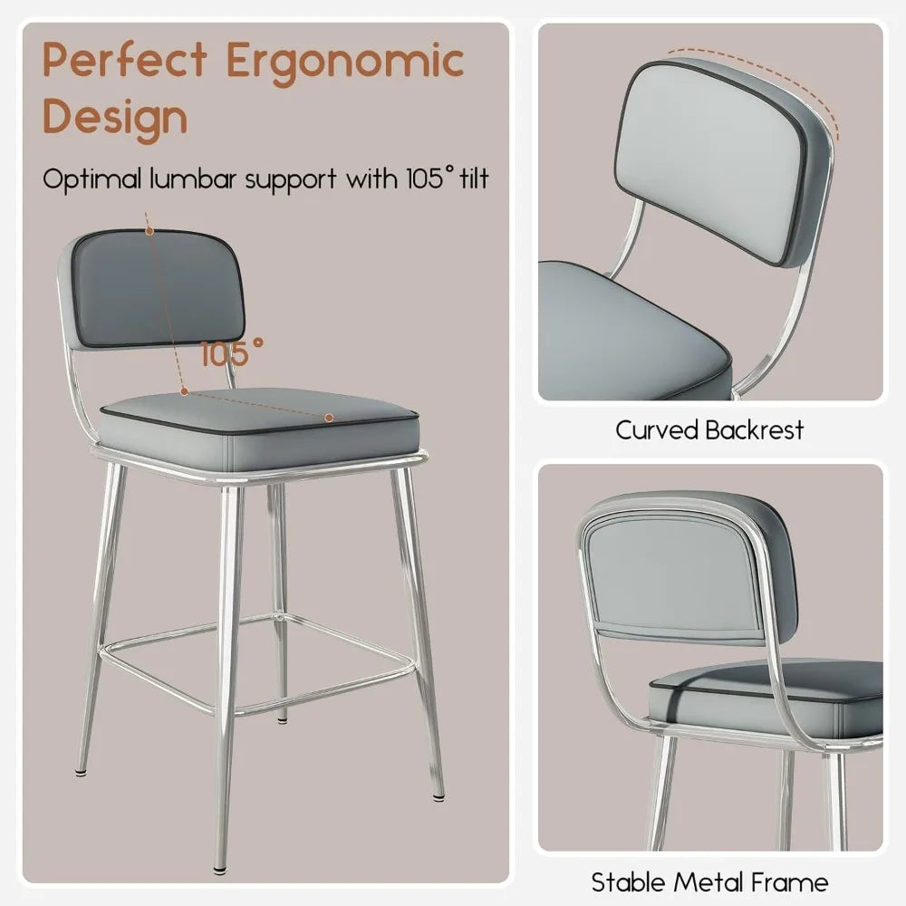 Counter Height Bar Stools Set of 2, 26 inch Pu Leather Upholstered Bar Stools with Backs and Metal Legs, Bar Chair