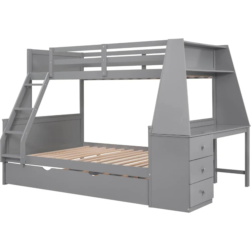 Twin Over Full Bunk Bed, Wood BunkBed Frame with Trundle and Built-in Desk, Three Storage Drawers and Shelf, Space-Saving Design