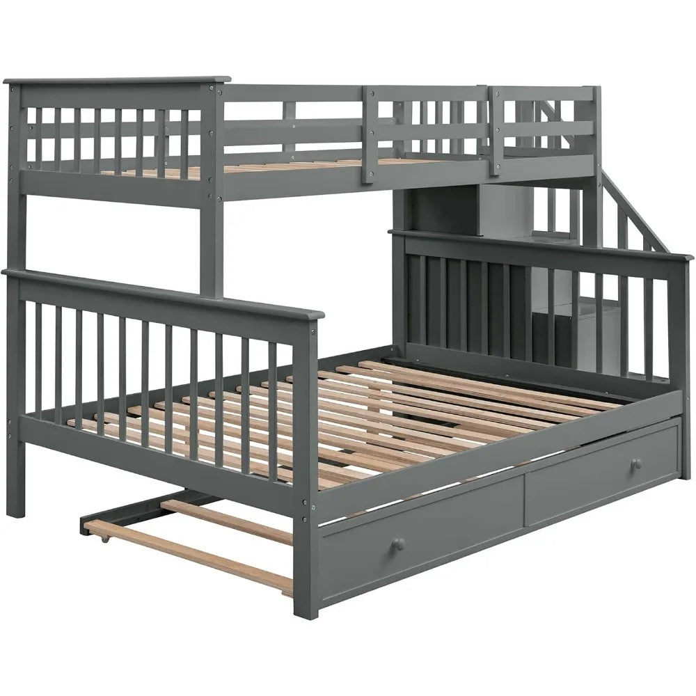 Bunk Bed, with Trundle and Storage Shelves, Twin Over Full Size Bunk SBeds Frame for Kids Teens Adults, Wood Bunk Bed Frame