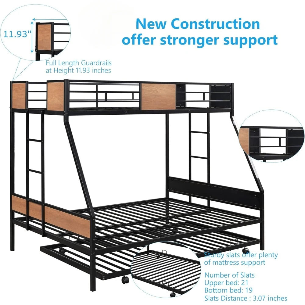 Twin Over Full Bunk Beds with Trundle Bed, Heavy Duty Metal Bed Frame with Safety Rail 2 Side Ladders, No Box Spring Needed