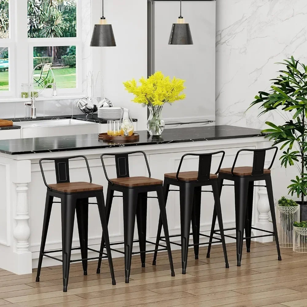 30 Inch Bar Stools Set of 4 Bar Height Metal Barstools with Wood Seat Low Back Kitchen Bar Chairs Matte Black Living Room Chairs