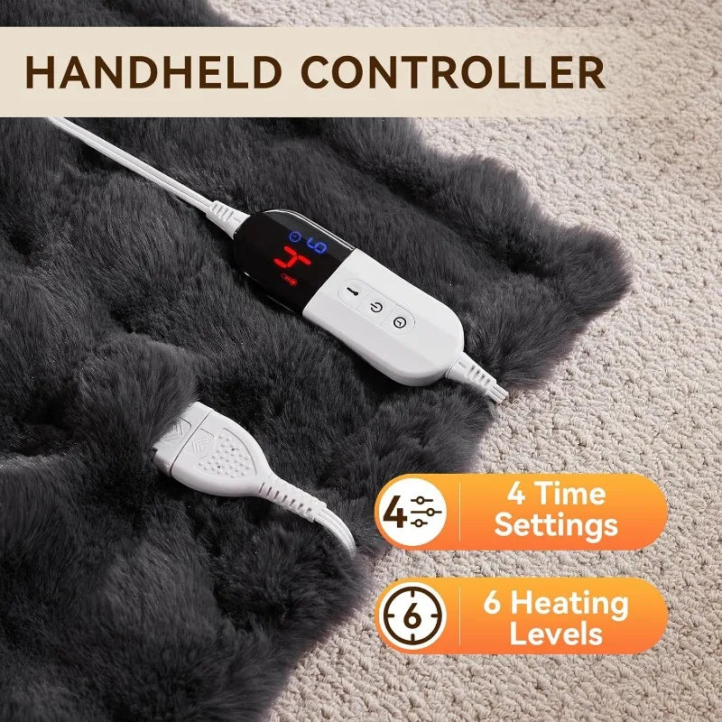 Heated Blanket Throw with Auto-Off 6/10 Heat Level, Cozy Faux Rabbit Fur Bubble Electric Blanket with Overheating Protection