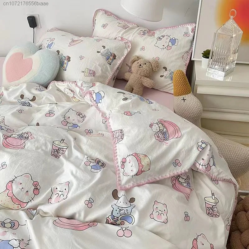 Sanrio Hello Kitty Cartoon Four Piece Sets Household Bedroom Sweet Cute Student Dormitory Bed Quilt Cover Sheet With Pillowcases