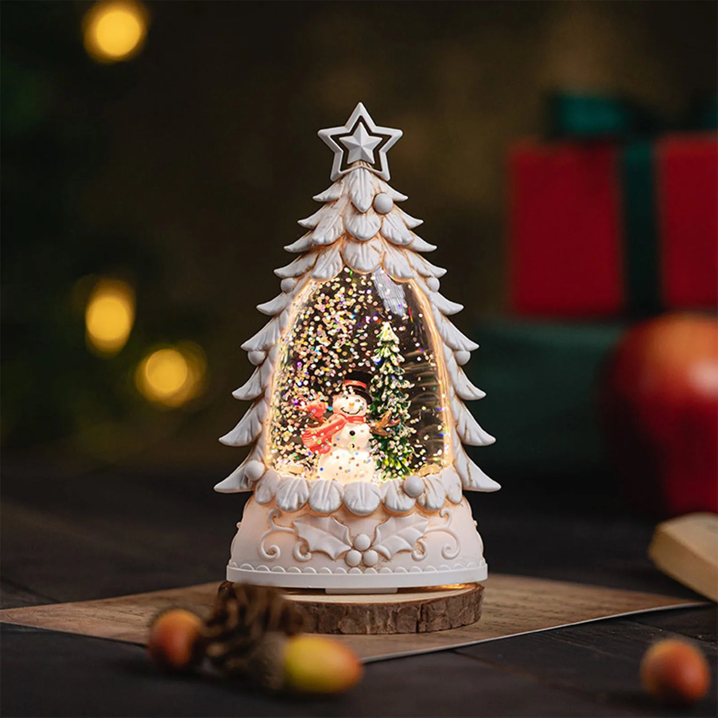 Snow Globe Christmas Tree Figurine Snowing Christmas Decorative Light for Holiday Season Home Decor