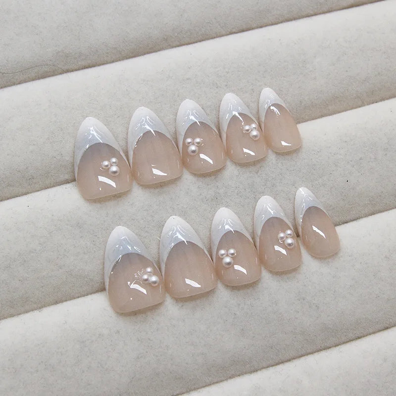 24pcs French False Nails Aurora Mermaid Shell Pearl Decor Fake Nails Wearable Detachabe Sweet Korean Style Almond Press on Nails