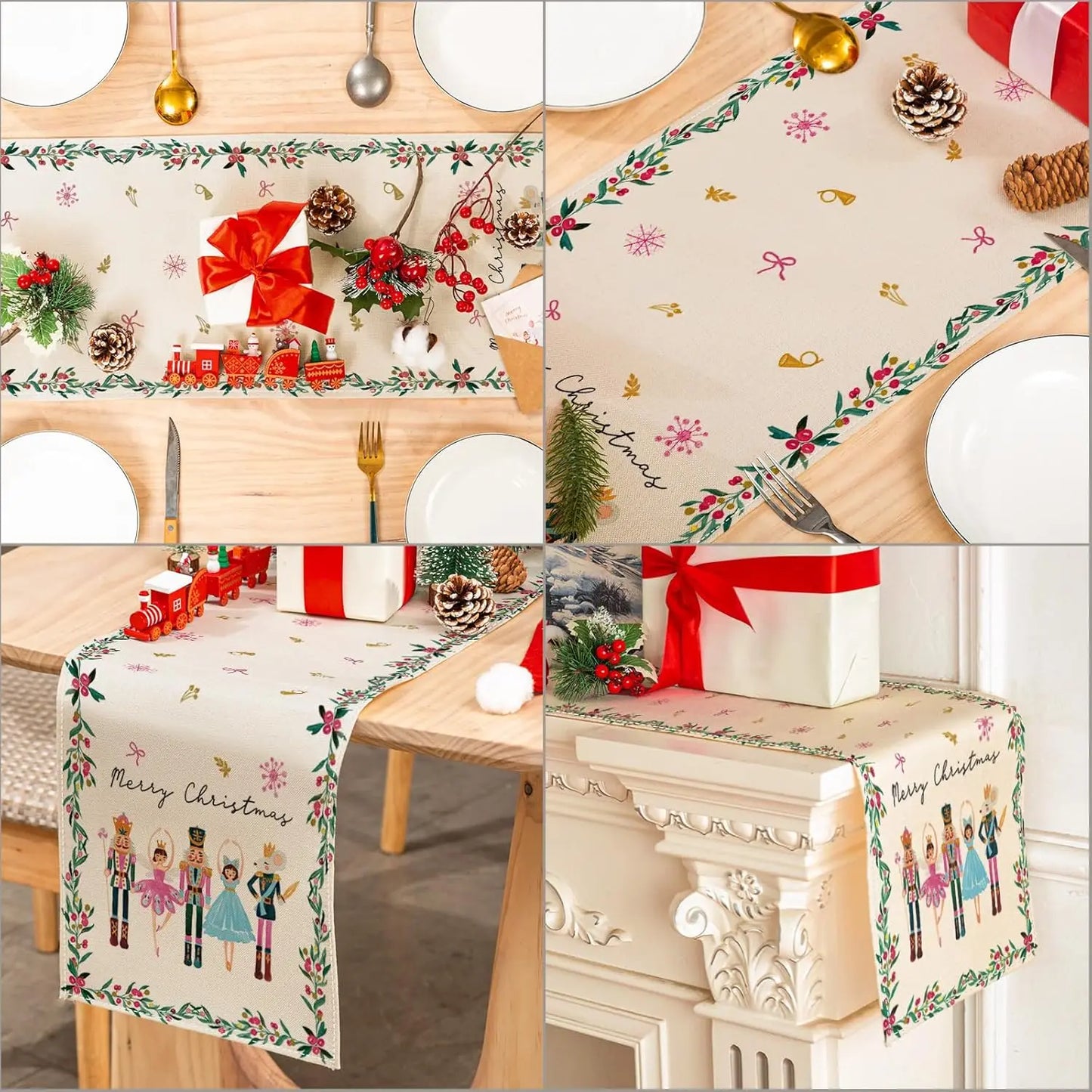 Merry Christmas Nutcrackers Cartoon Linen Table Runner Dresser Scarf for Winter Holiday Party Decor Kitchen Dining Table Decor