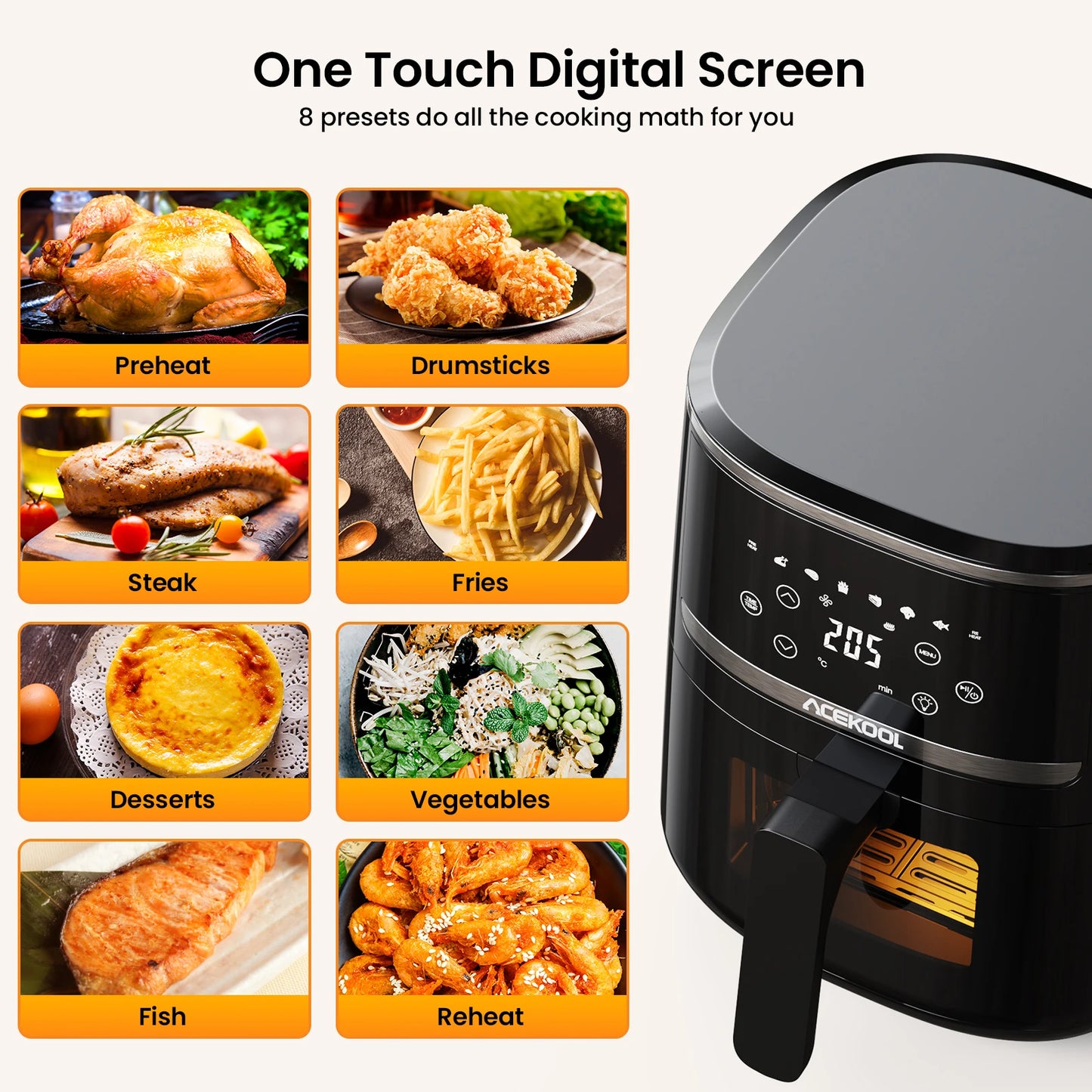 Air Fryer Oven 5QT, 8-in-1 Air Fryer With Silicone Insert And Fast Air Circulation,Oil-Free Touch Screen, Dishwasher Safe Basket