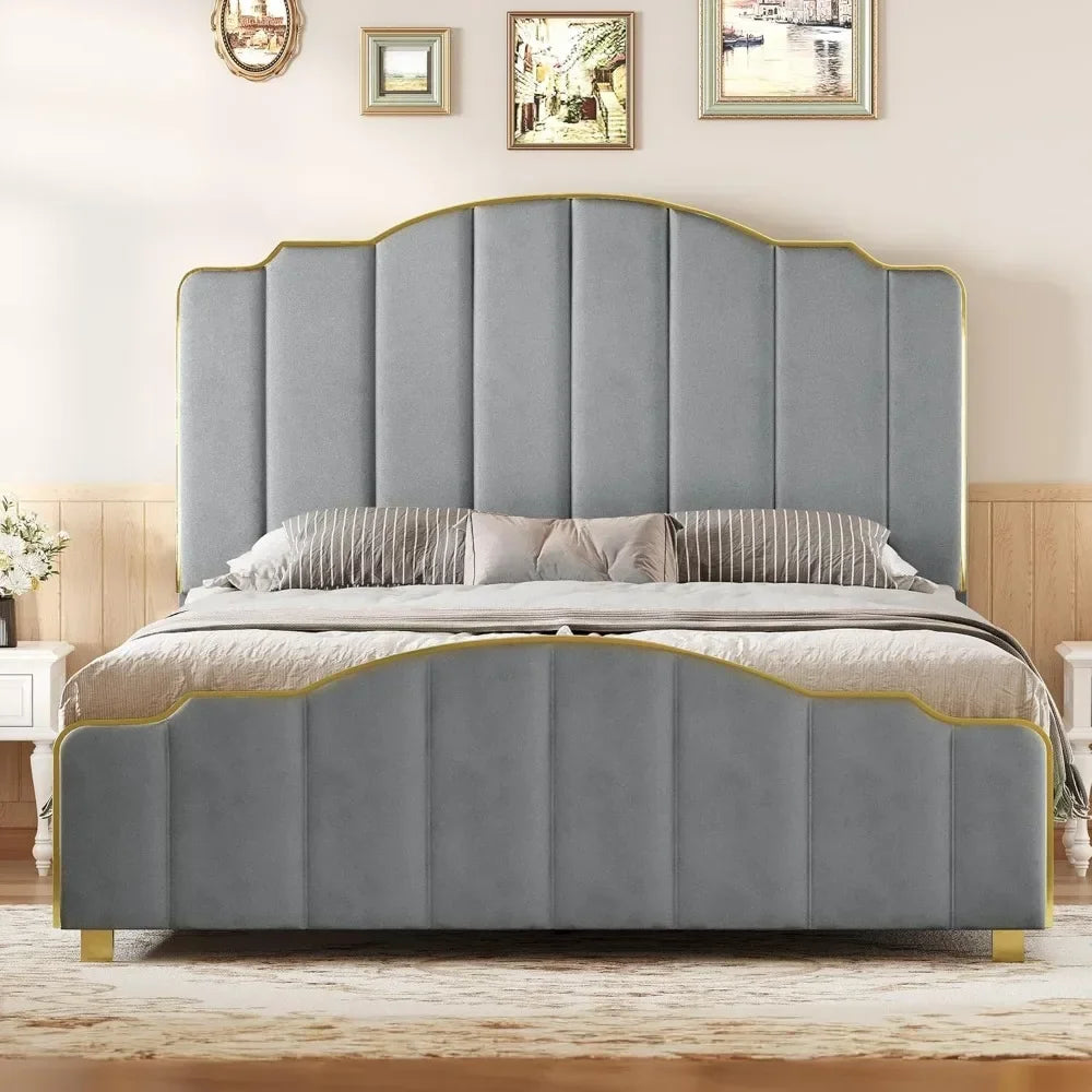 Queen Bed Frame with Tall Headboard, Premium Velvet Upholstered Bed with Golden Plating Trim,Platform Bed No Box Spring Needed