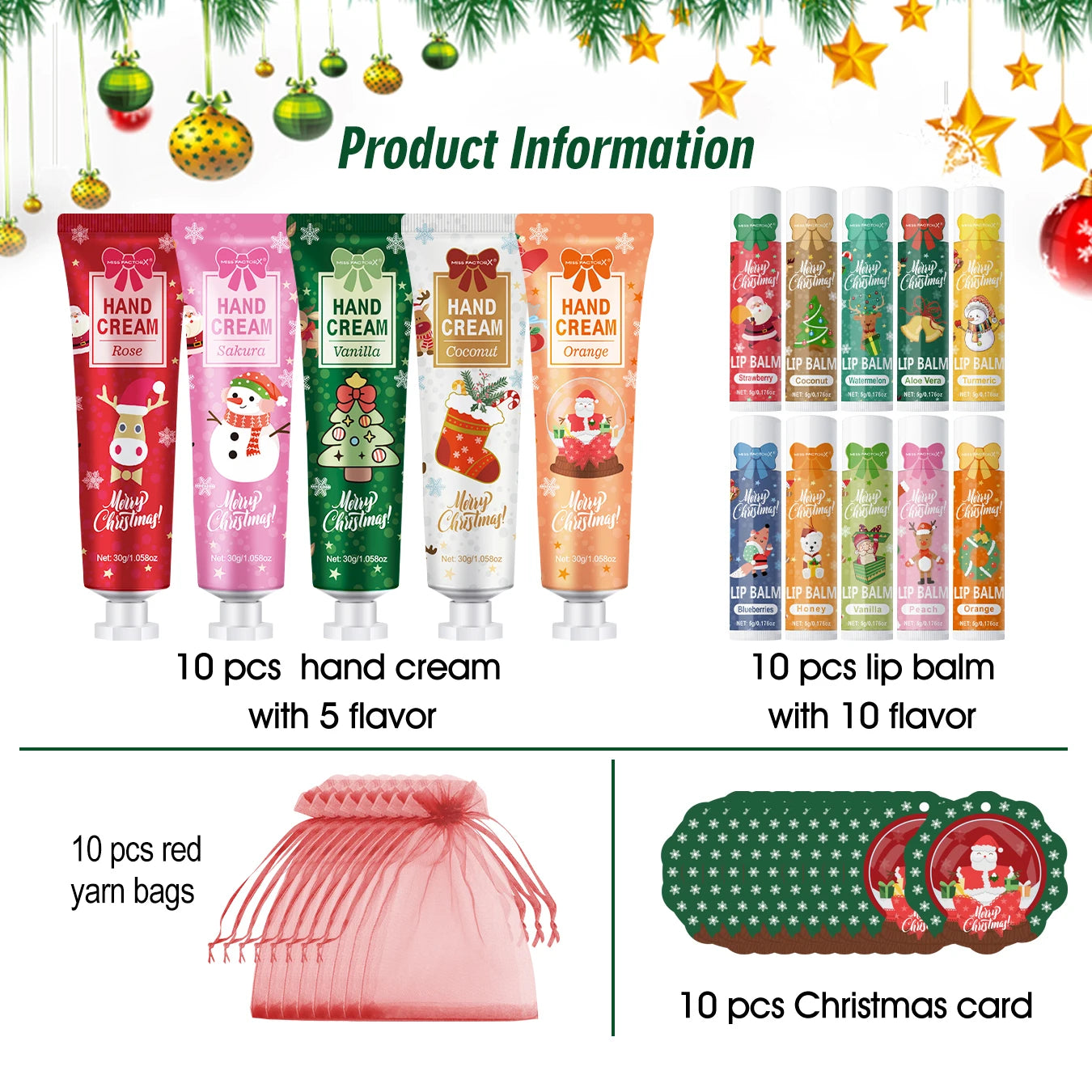 Christmas kit-10 sets/box hand cream kit, lip balm set, with Santa Card and red gift bag, party gift distribution