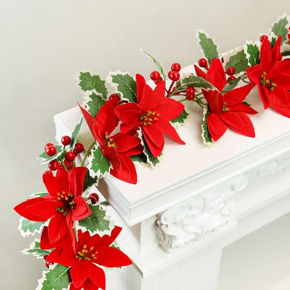 2M Christmas Poinsettia Garland Artificial Poinsettia Flower String Lights Xmas Tree Ornament For Home Fireplace Decoration