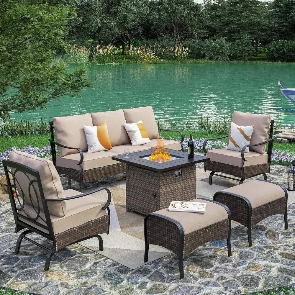 6 Pieces Outdoor Patio Furniture Sets with Fire Pit Table, Large Outdoor Conversation Sets for 7, Metal Patio Furniture Set