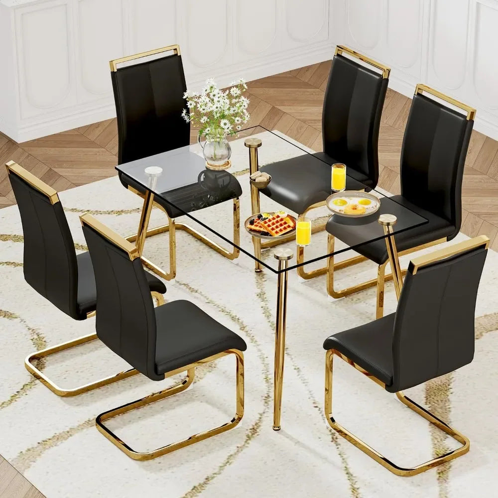 7 Piece Dining Table and Chairs Set，Modern Kitchen Dining Room Table with 6 Black PU Leather Dining Chairs