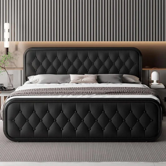 King Size Bed Frame, Heavy Duty Bed Frame with Faux Leather Headboard, Upholstered Platform Bed with Strong Metal Slats