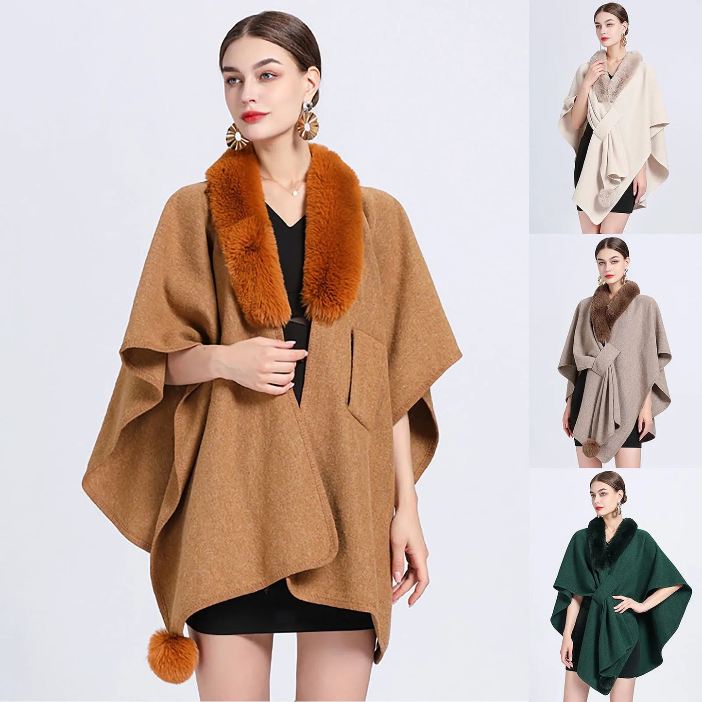 New In Outwears Faux Rabbit Fur Collar Half Sleeve Poncho Women Loose Knit Cape Cardigan Coat Female Elegant Solid Color Shawl