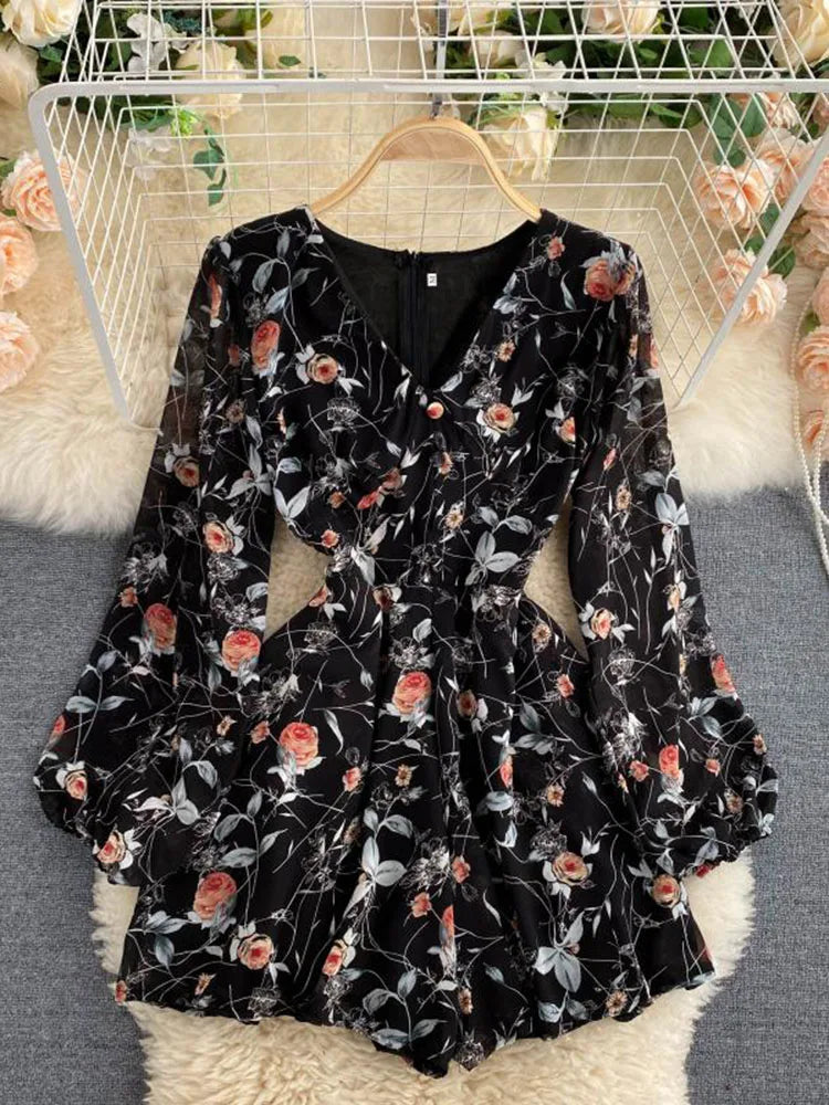 Sommer Print Strampler frauen V-ausschnitt Puff Ärmeln Taille Dünne Alle-spiel Overalls Hohe taille Chiffon Breite bein Playsuits PL465