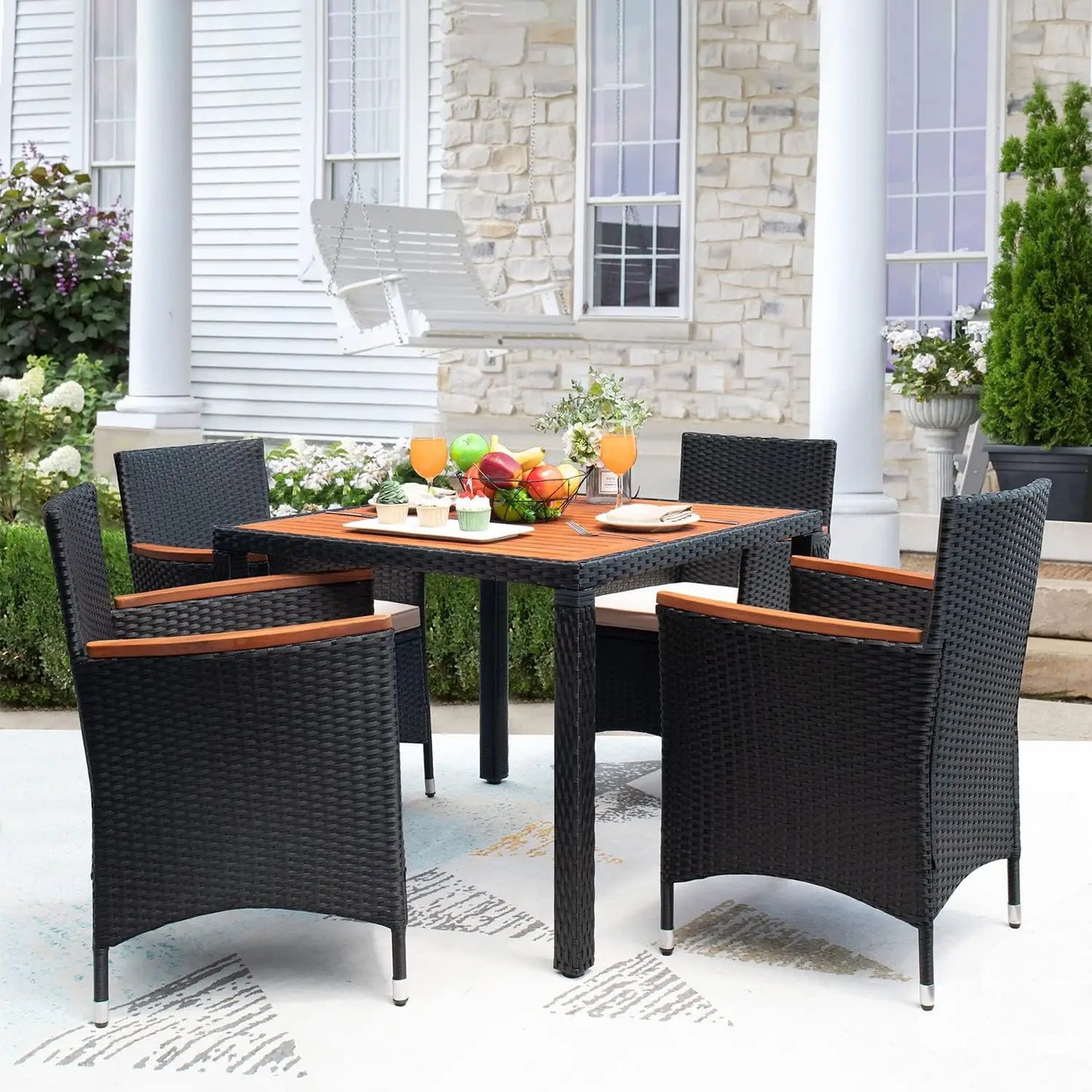 5 PCS Rattan Outdoor Dining Sets, with Acacia Wood Top,and Chairs for Backyard, Garden, Deck,Outdoor Patio Conversation Set